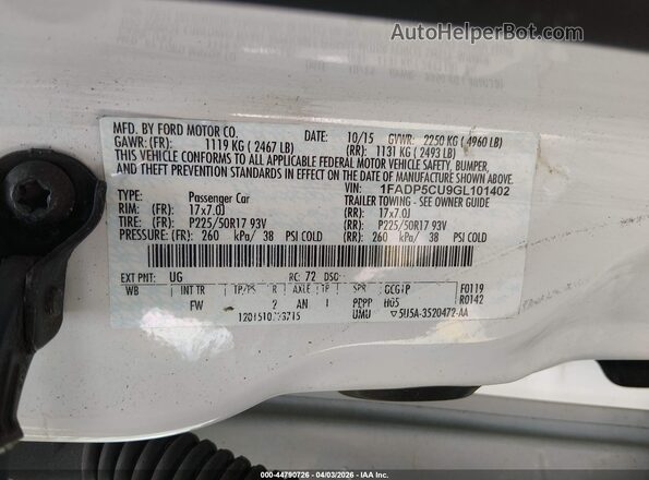 1FADP5CU9GL101402 2016 FORD C-MAX ENERGI White Vista del compartimento del motor