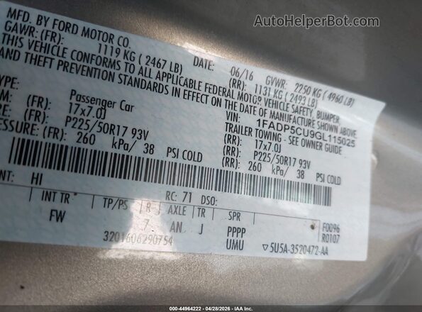 1FADP5CU9GL115025 2016 FORD C-MAX ENERGI Gray Շարժիչի բաժամունքի տեսք
