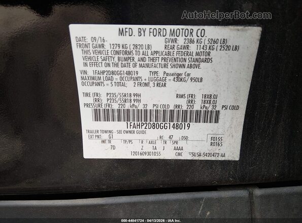 1FAHP2D80GG148019 2016 FORD TAURUS Black Widok komory silnika