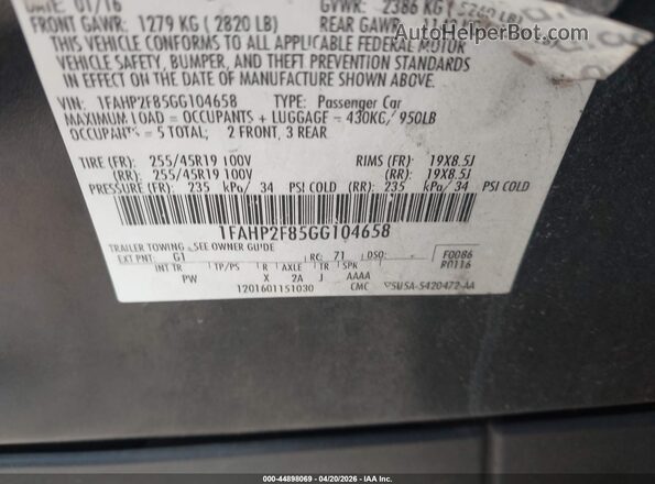 1FAHP2F85GG104658 2016 FORD TAURUS Black Engine compartment view