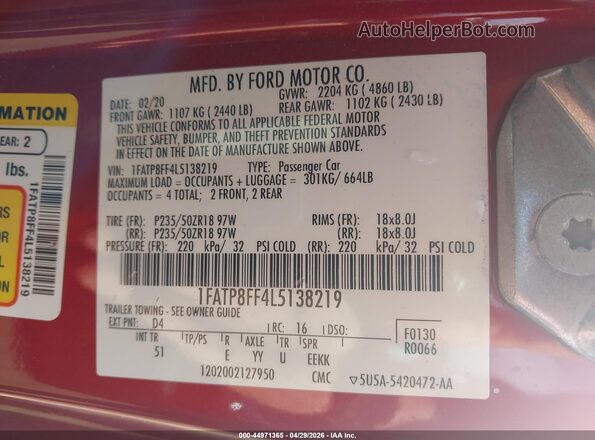 1FATP8FF4L5138219 2020 FORD MUSTANG Red ძრავის განყოფილების ხედი
