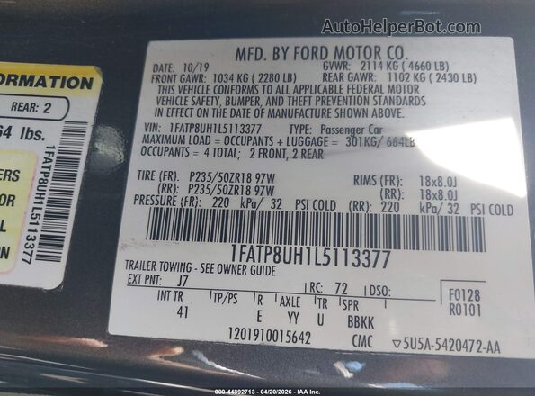 1FATP8UH1L5113377 2020 FORD MUSTANG Gray ძრავის განყოფილების ხედი