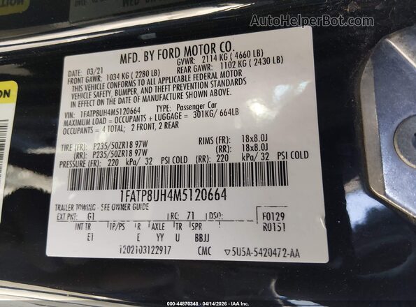 1FATP8UH4M5120664 2021 FORD MUSTANG Black 