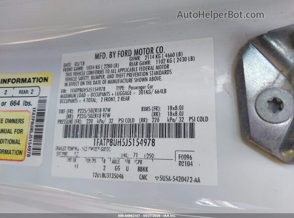 1FATP8UH5J5154978 2018 FORD MUSTANG White 