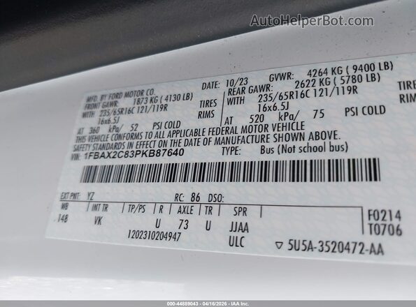 1FBAX2C83PKB87640 2023 FORD PASSENGER White Widok komory silnika