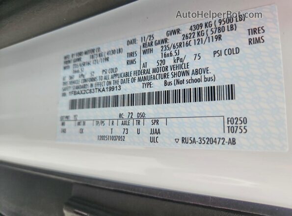 1FBAX2C83TKA19913 2026 FORD TRANSIT White VIN sticker view