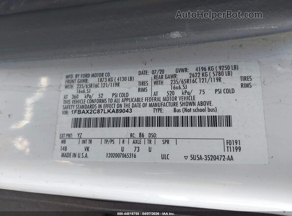 1FBAX2C87LKA89043 2020 FORD PASSENGER White Engine compartment view