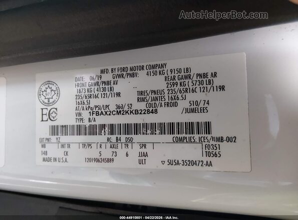 1FBAX2CM2KKB22848 2019 FORD TRANSIT-350 White Vista del compartimento del motor
