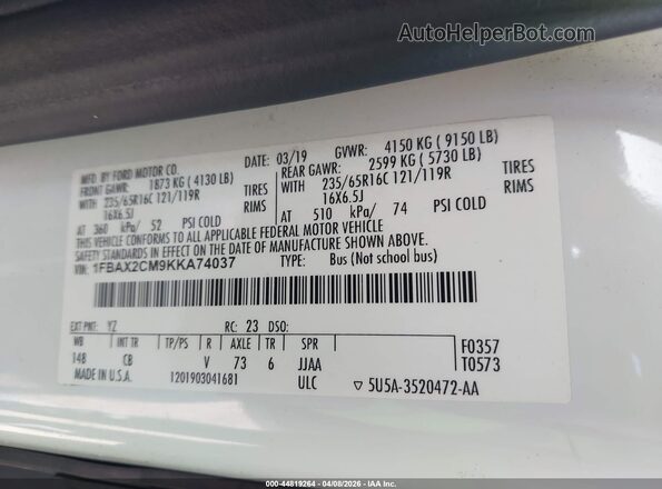 1FBAX2CM9KKA74037 2019 FORD TRANSIT-350 White Вид підкапотного простору