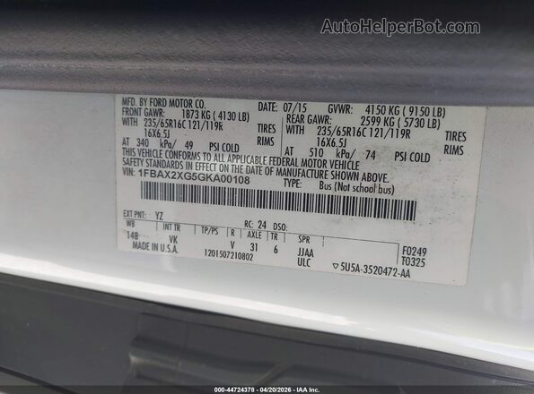 1FBAX2XG5GKA00108 2016 FORD TRANSIT-350 White Engine compartment view