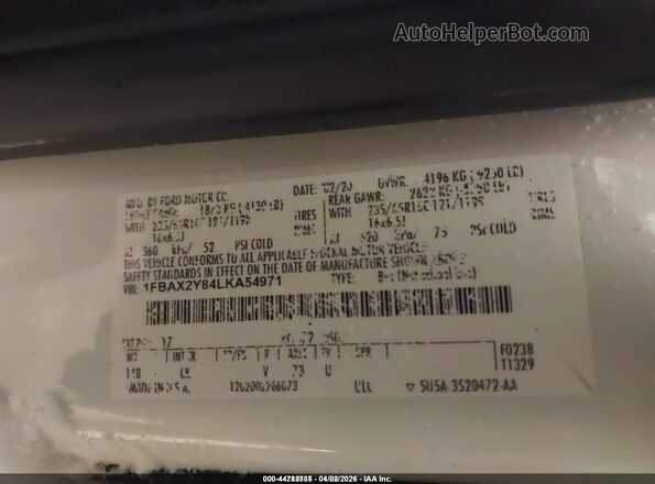 1FBAX2Y84LKA54971 2020 FORD PASSENGER White 