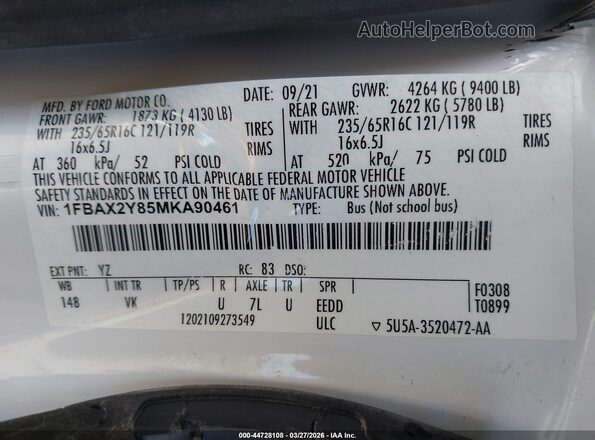 1FBAX2Y85MKA90461 2021 FORD PASSENGER White Widok komory silnika