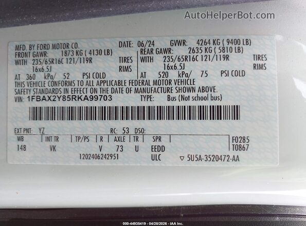1FBAX2Y85RKA99703 2024 FORD PASSENGER White Engine compartment view