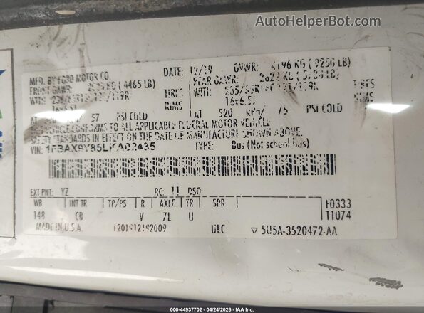 1FBAX9Y85LKA02435 2020 FORD PASSENGER White Engine compartment view