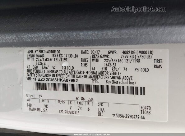 1FBZX2CM3HKA87992 2017 FORD TRANSIT-350 White Вид підкапотного простору