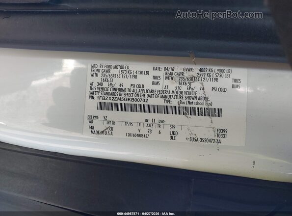 1FBZX2ZM5GKB00702 2016 FORD TRANSIT-350 White Widok komory silnika