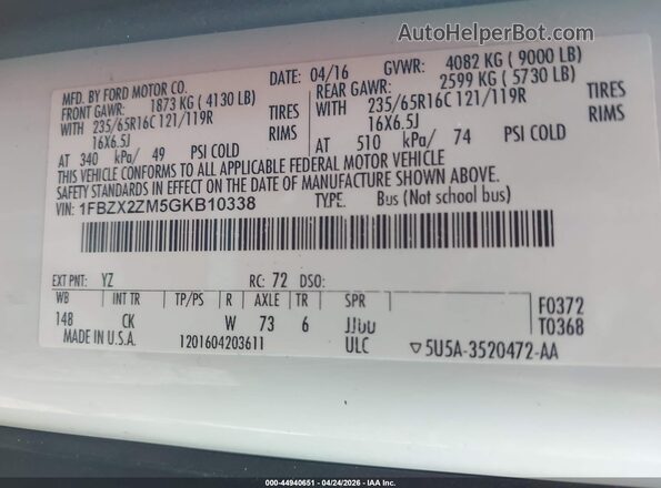 1FBZX2ZM5GKB10338 2016 FORD TRANSIT-350 White Widok komory silnika
