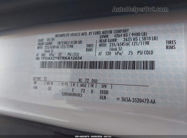 1FDAX2Y87RKA12634 2024 FORD PASSENGER White Շարժիչի բաժամունքի տեսք