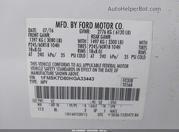 1FM5K7D80HGA33443 2017 FORD FORD EXPLORER White Widok komory silnika