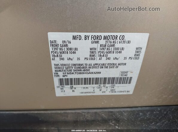 1FM5K7D80HGA93299 2017 FORD FORD EXPLORER Tan Շարժիչի բաժամունքի տեսք