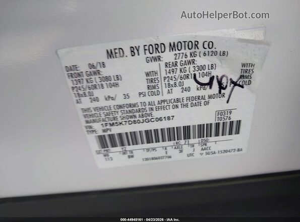 1FM5K7D80JGC06187 2018 FORD FORD EXPLORER White Engine compartment view