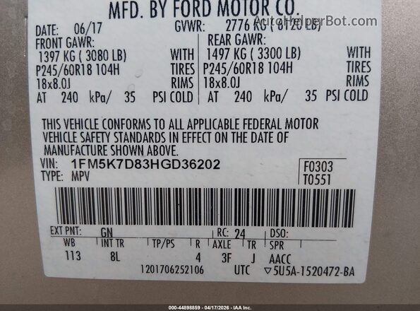 1FM5K7D83HGD36202 2017 FORD FORD EXPLORER Beige Widok komory silnika