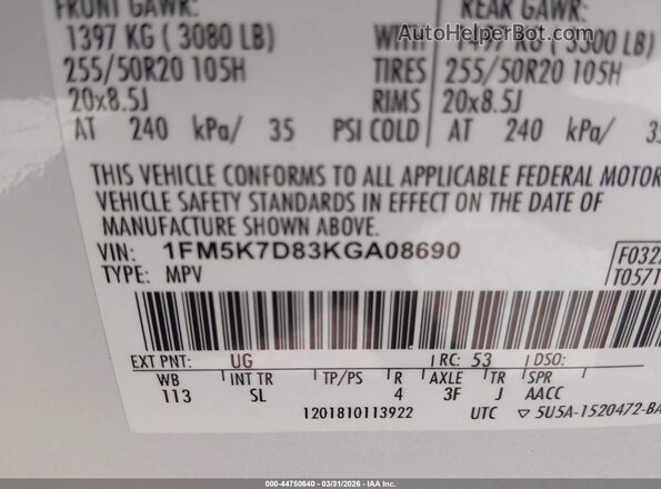 1FM5K7D83KGA08690 2019 FORD FORD EXPLORER White 