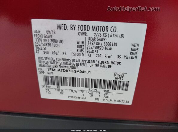 1FM5K7D87KGA04531 2019 FORD FORD EXPLORER Red Вид підкапотного простору