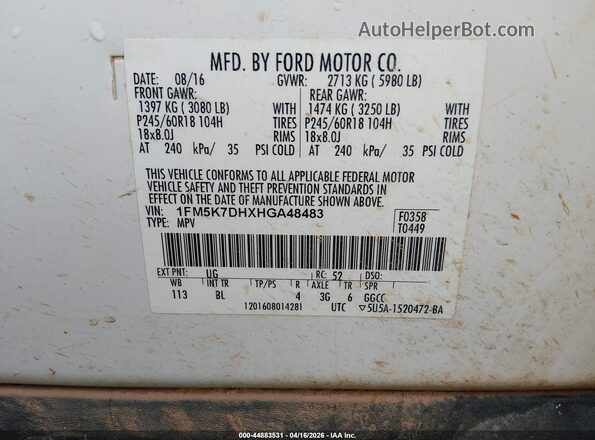 1FM5K7DHXHGA48483 2017 FORD FORD EXPLORER White ძრავის განყოფილების ხედი