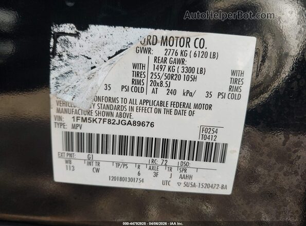 1FM5K7F82JGA89676 2018 FORD FORD EXPLORER Black Vista del compartimento del motor