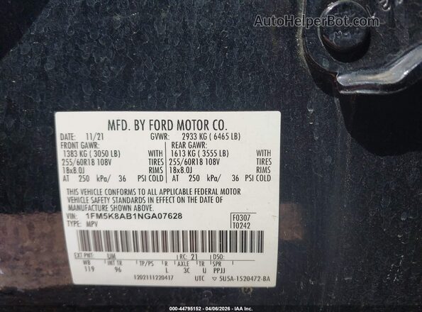 1FM5K8AB1NGA07628 2022 FORD POLICE INTERCEPTOR White Շարժիչի բաժամունքի տեսք