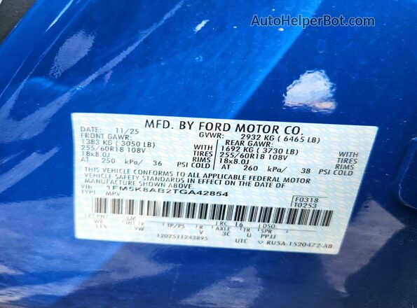 1FM5K8AB2TGA42854 2026 FORD FORD EXPLORER Blue Vista de la etiqueta del VIN