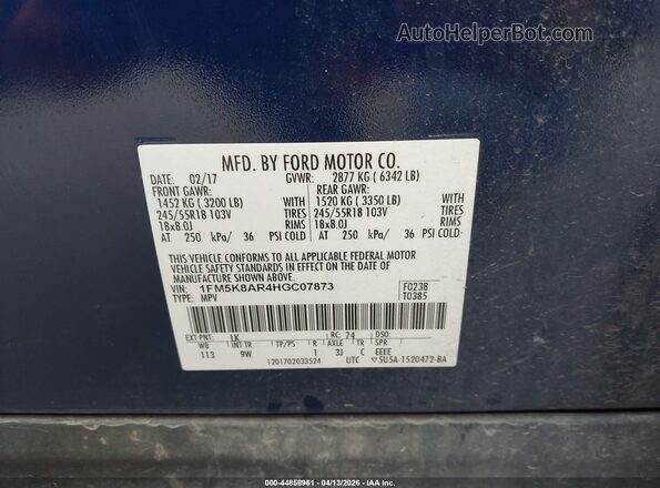 1FM5K8AR4HGC07873 2017 FORD UTILITY POLICE INTERCEPTOR Dark Blue Engine compartment view