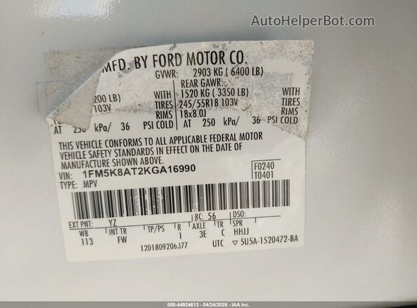 1FM5K8AT2KGA16990 2019 FORD POLICE INTERCEPTOR White Vista del compartimento del motor