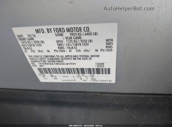 1FM5K8AT8GGC41731 2016 FORD UTILITY POLICE INTERCEPTOR Silver Engine compartment view