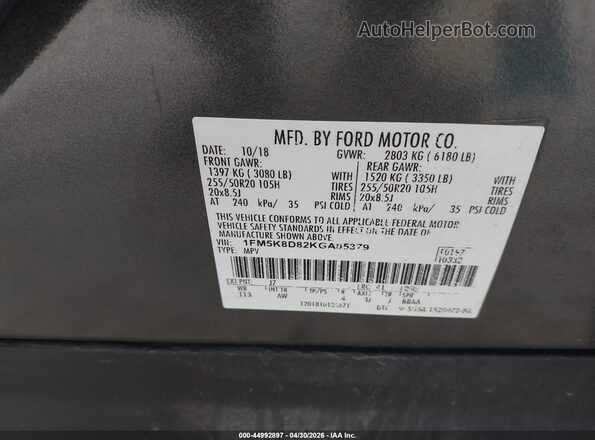 1FM5K8D82KGA05379 2019 FORD FORD EXPLORER Gray Widok komory silnika