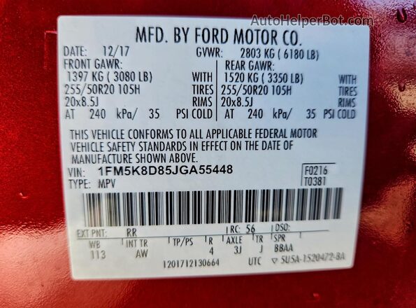 1FM5K8D85JGA55448 2018 FORD FORD EXPLORER Red VIN կոդի պիտակի տեսք