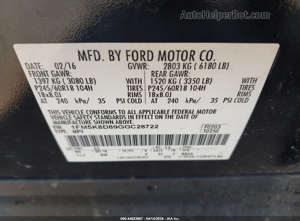 1FM5K8D89GGC28722 2016 FORD FORD EXPLORER Black Вид підкапотного простору