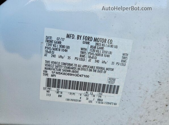 1FM5K8D89HGD47100 2017 FORD FORD EXPLORER White Вид наклейки з VIN-кодом