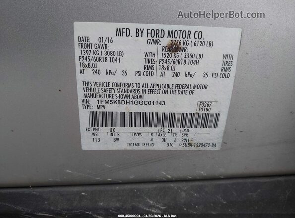 1FM5K8DH1GGC01143 2016 FORD FORD EXPLORER Silver Widok komory silnika