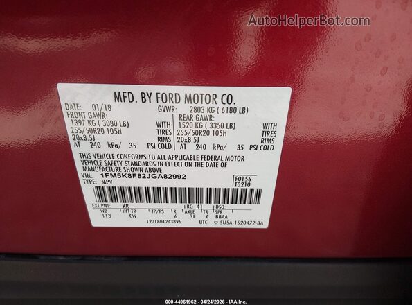 1FM5K8F82JGA82992 2018 FORD FORD EXPLORER Red Widok komory silnika