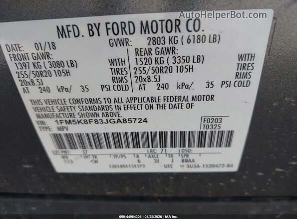 1FM5K8F83JGA85724 2018 FORD FORD EXPLORER Gray 