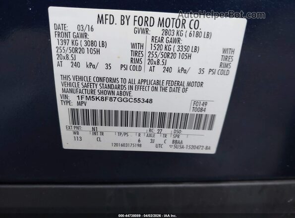 1FM5K8F87GGC55348 2016 FORD FORD EXPLORER Blue Engine compartment view