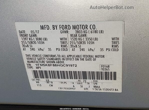 1FM5K8F88HGC91972 2017 FORD FORD EXPLORER White Engine compartment view