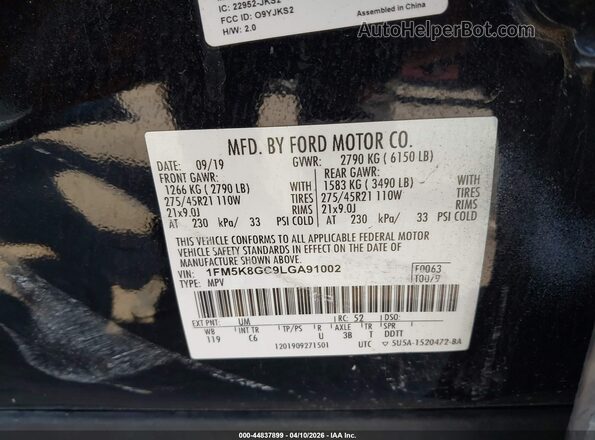 1FM5K8GC9LGA91002 2020 FORD FORD EXPLORER Black Vista del compartimento del motor
