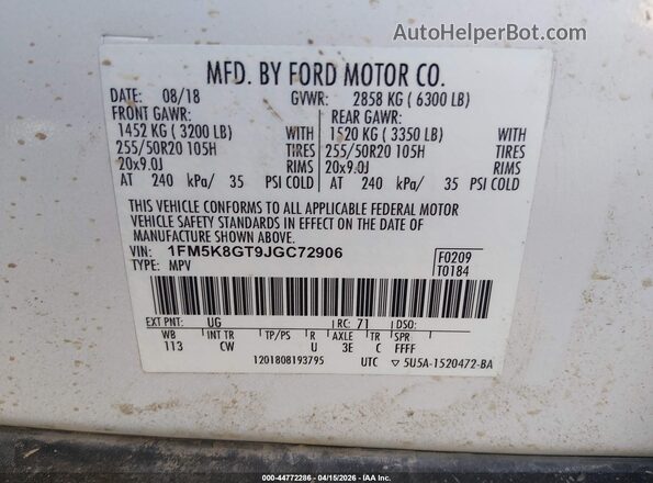 1FM5K8GT9JGC72906 2018 FORD FORD EXPLORER White Вид підкапотного простору