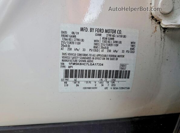 1FM5K8HC7LGA17334 2020 FORD FORD EXPLORER White VIN sticker view