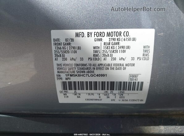 1FM5K8HC7LGC40991 2020 FORD FORD EXPLORER Silver Vista del compartimento del motor