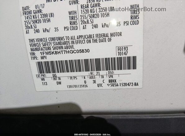 1FM5K8HT7HGC05830 2017 FORD FORD EXPLORER Белый Вид подкапотного пространства