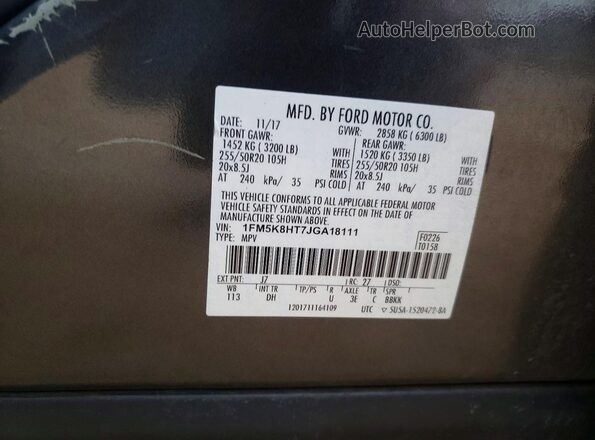 1FM5K8HT7JGA18111 2018 FORD FORD EXPLORER Gray Vista de la etiqueta del VIN